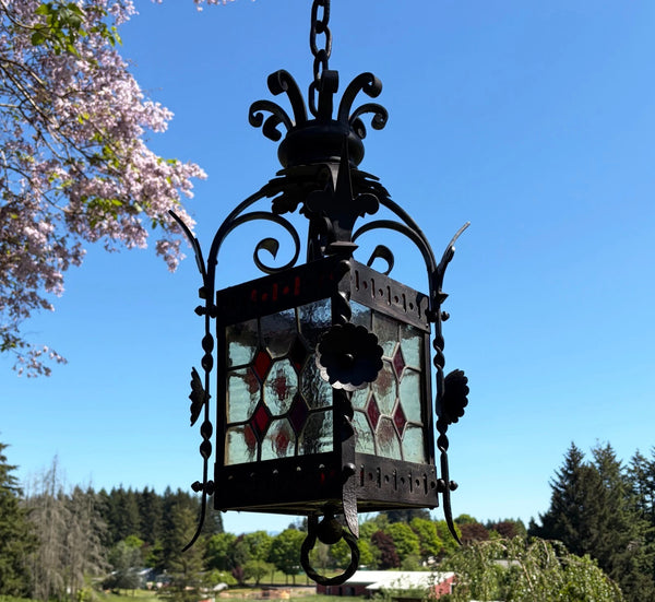 27" French Antique Gothic Iron & Stained Glass Hanging Chandelier/Pendant Lamp