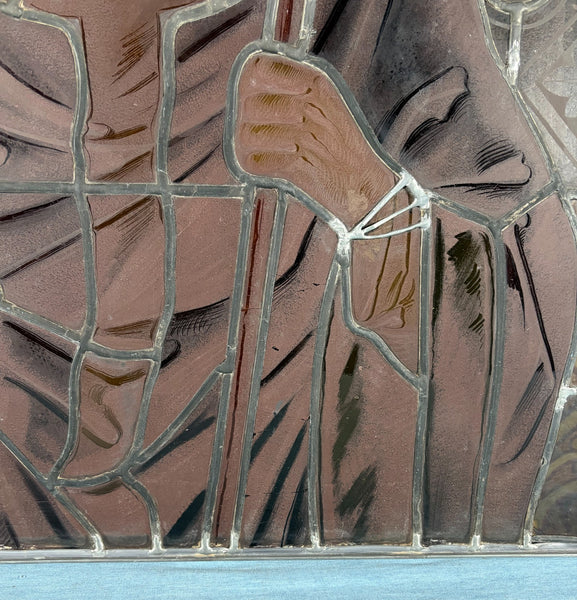 38" Wide Antique Stained/Leaded Glass Panel of Saint Highly Detailed