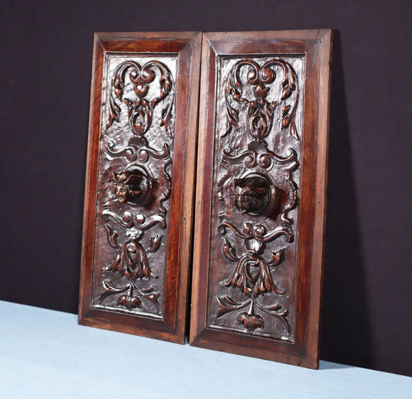 Pair of Antique French Solid Walnut Wood Highly Carved Panels with Faces
