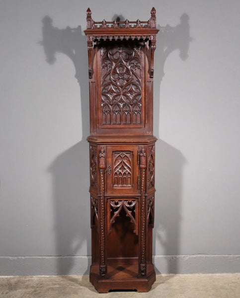 88" Tall Antique French Walnut Gothic Cabinet/ Cupboard/ Display Stand/Pedestal