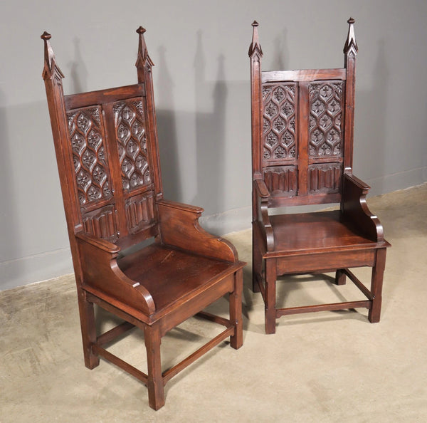 Large Pair of Antique Gothic Arm/Throne Chairs Solid Chestnut Hand Carved Wood