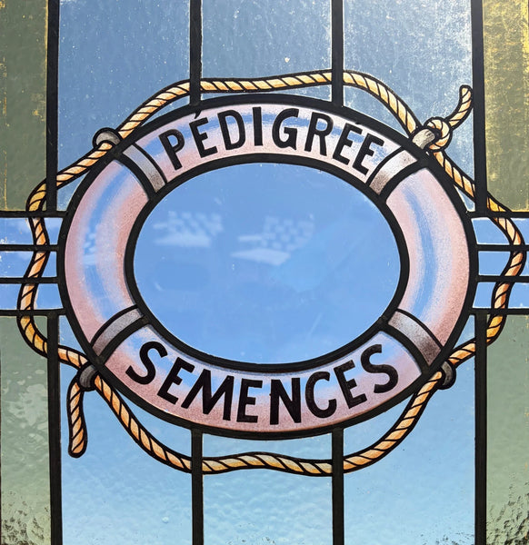 25" Tall Vintage Belgian/Flanders Stained/Leaded Glass Panel "Pedigree Semences"