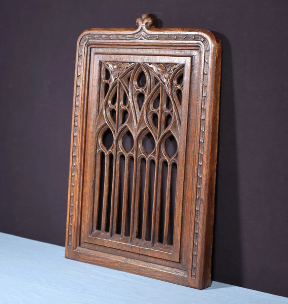 French Antique Gothic Revival Panel in Solid Oak Wood Salvage Early 1900's