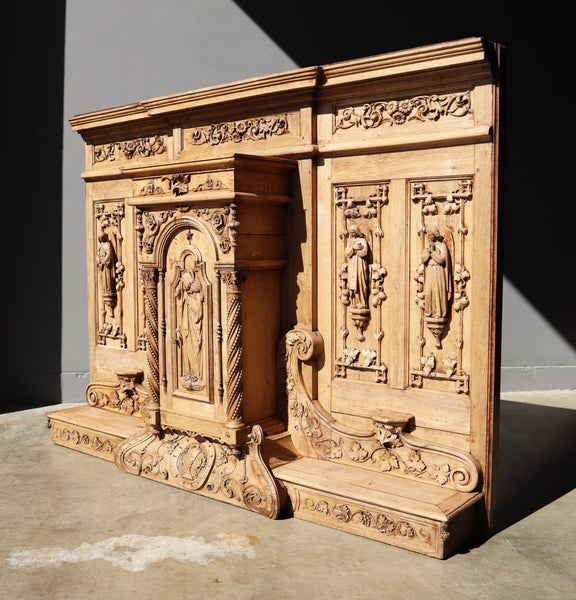 84" Wide Antique French Renaissance Revival Altar/ Tabernacle Highly Carved Oak