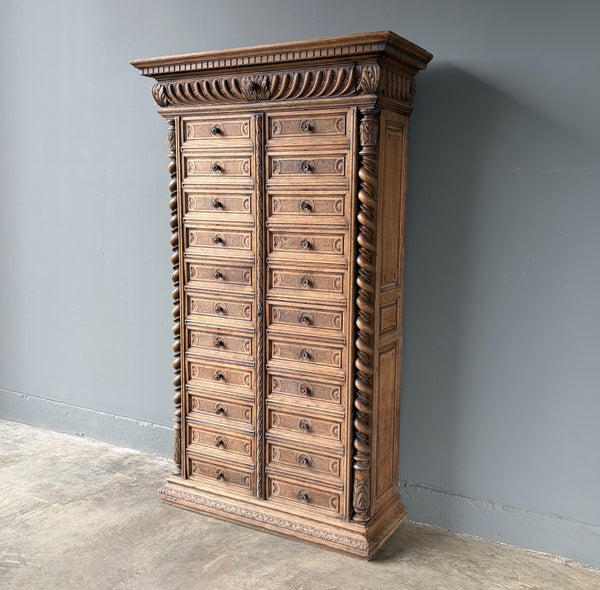77" Tall Antique French Apothecary Cabinet Solid Oak Carved with Compartments
