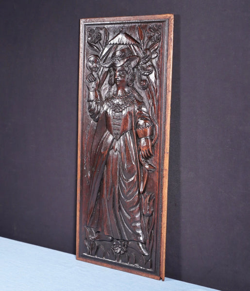 26" Antique French Solid Walnut Wood Panel Highly Carved, Woman with a Mirror