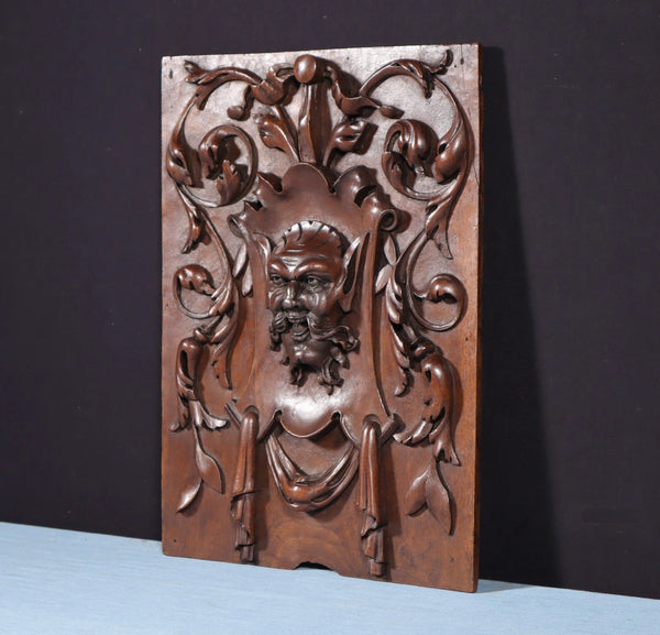 15" Tall Antique French Solid Walnut Wood Panel with Highly Carved Devil/Face