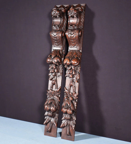 26" Pair of French Antique Solid Oak Wood Highly Carved Wood Lion Trim Posts