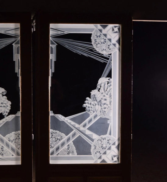 Set Antique French Art Deco Etched Glass Doors Frosted Glass with Pine Frames