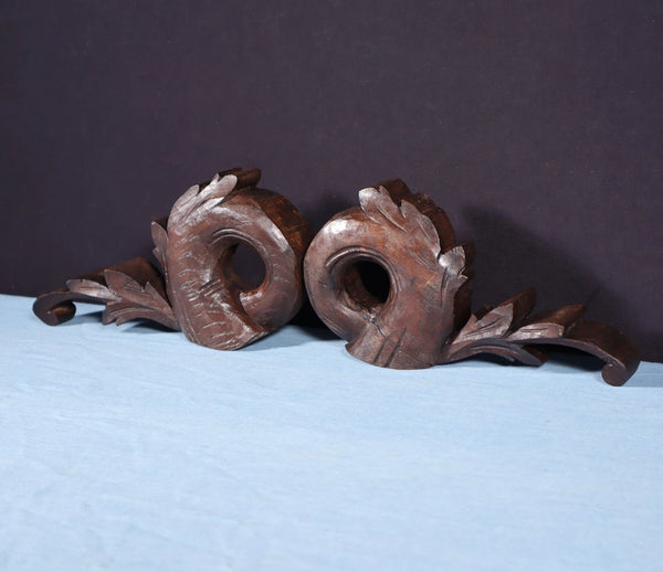 8" Wide Pair of Highly Carved Solid Oak Wood French Trim Pieces Salvage