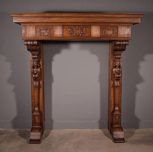 82" Large Vintage Renaissance Revival Oak Fireplace Surround/Mantel w/Figures