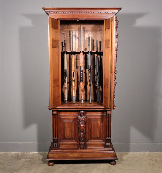 French Antique Solid Walnut Wood Neoclassical Gun Case/Cabinet with Carvings
