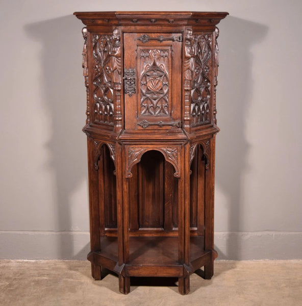 Vintage French Gothic Revival Cabinet/ Console/ Sideboard, Highly Carved Oak Wood