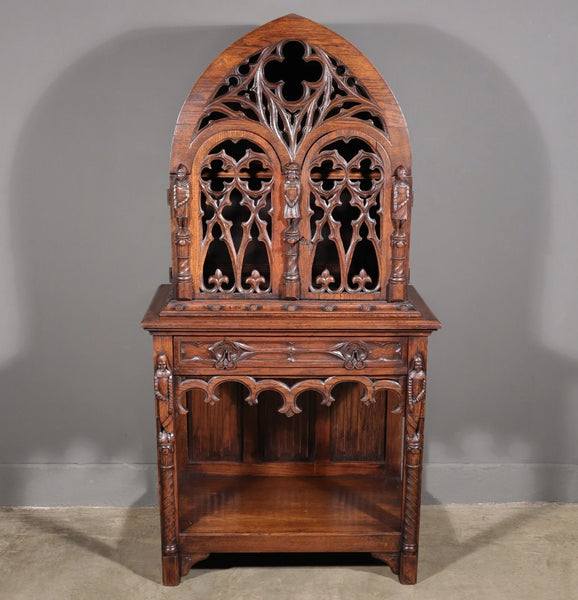 70" Tall Antique French Gothic Revival Oak Wood Cabinet/Liquor/Wine/Bar Cabinet