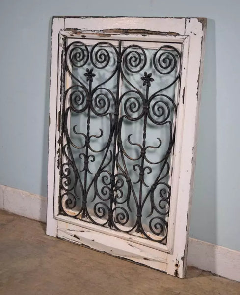 Antique French Solid Wood Window with Iron Grille and Hinged Window Salvage