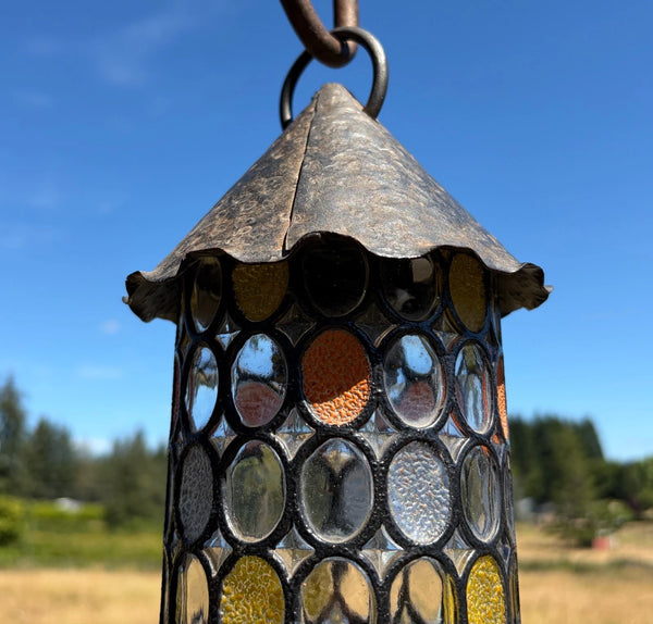 9" Tall Vintage French Iron and Stained Glass Hanging Chandelier/Pendant Lamp