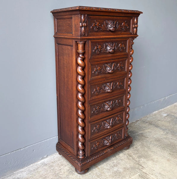 French Antique Solid Oak Wood Seven Drawer Lingerie Chest/Dresser