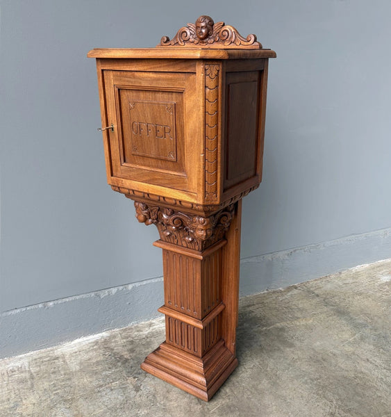 Antique French Donation Box Christianity with Angel Carvings in Solid Mahogany