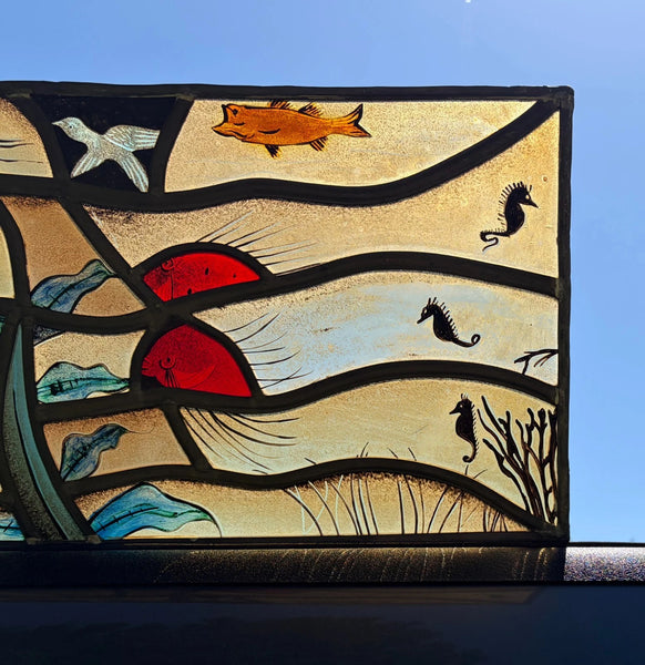 Vintage Dutch Stained/Leaded Glass Panel by Lea Steppe Sea Life Themed