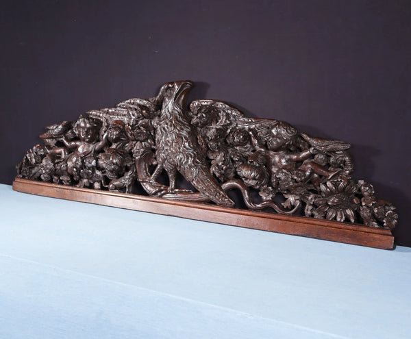 62" Wide XL Antique French Solid Oak Wood Highly Carved Crest with Bird
