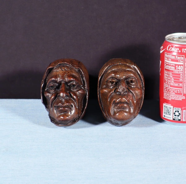 Pair of 4" Tall French Antique Highly Carved Heads in Solid Oak Wood Trim Pieces