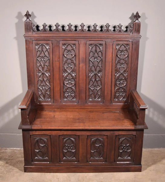 Antique French Gothic Revival Oak Wood Bench/Settee/Chair Highly Carved