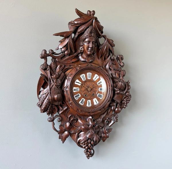 XL Antique French Renaissance Solid Oak Wood Highly Carved Clock Harvest Theme
