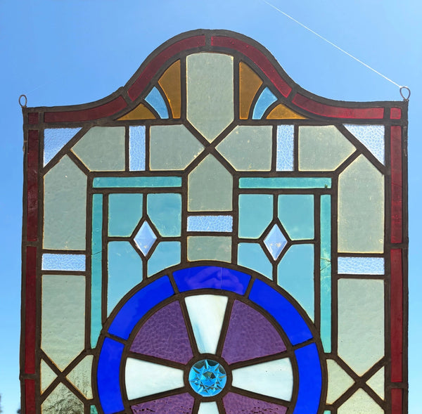 28" Tall French Antique Religious Stained/Leaded Glass Panel from a Church