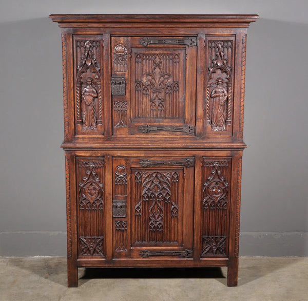 63" Tall Antique French Gothic Revival Cabinet Highly Carved in Solid Oak Wood
