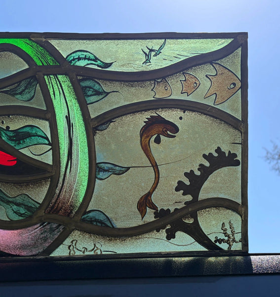 Vintage Dutch Stained/Leaded Glass Panel by Lea Steppe Sea Life Themed