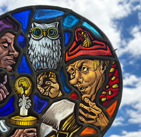 11" Round Vintage Belgian Stained/Leaded Glass Panel with an Owl and Figures
