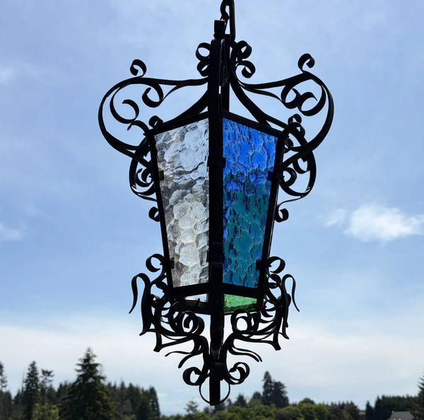 25" Tall French Antique Iron and Stained Glass Hanging Chandelier/Pendant Lamp