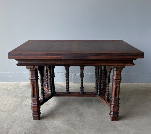 Vintage French Gothic Dining Table in Solid Oak Wood with Highly Detailed Base