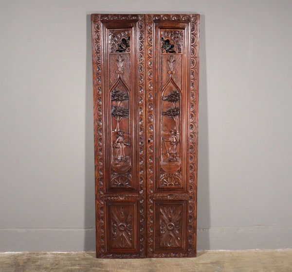 63" Tall Pair of French Antique Doors Carved Breton Panels Solid Chestnut Wood