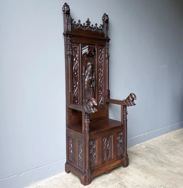 Late 1700's Antique French Gothic Throne Chair Bench/Settee/Chair Carved Oak