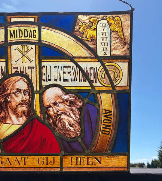 22" Wide Vintage Dutch Religious Stained/Leaded Glass Panel by Felix Bonner