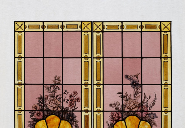 69" Pair of Vintage French Art Deco Stained Glass Windows w/Hand Painted Flowers