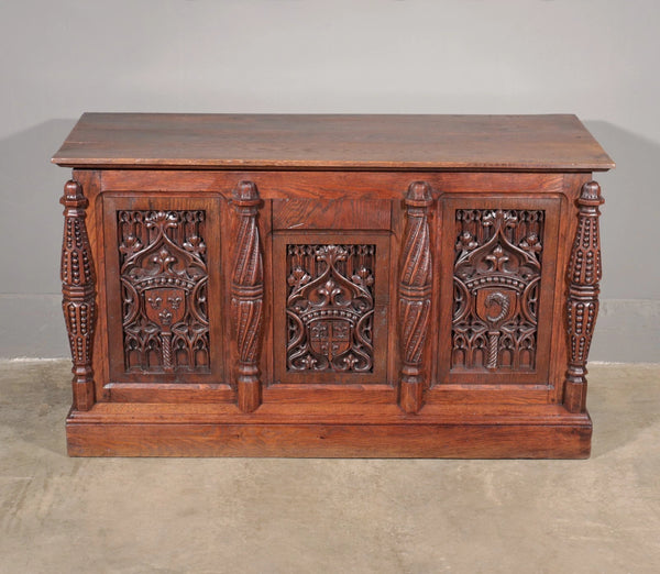 Antique French Gothic Chest/Trunk in Solid Oak Wood With Detailed Carvings