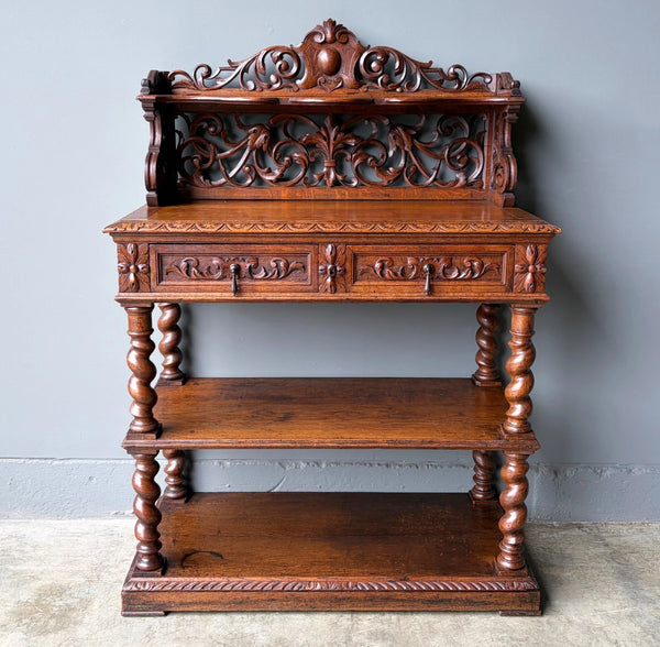 Antique French Renaissance Sideboard/Buffet in Solid Oak Highly Carved Wood
