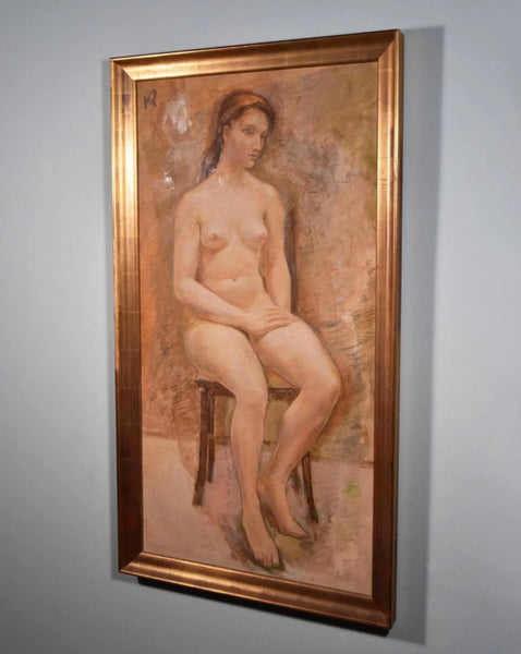 Large Framed Vintage Oil on Canvas Painting of a Nude Woman