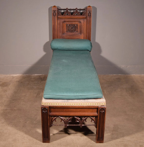 74" Long French Antique Neo Gothic Day Bed Solid Walnut with Green Silk Cushions