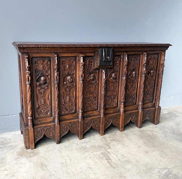 Antique French Renaissance Chest/Trunk/Sideboard Solid Oak w/Detailed Carvings