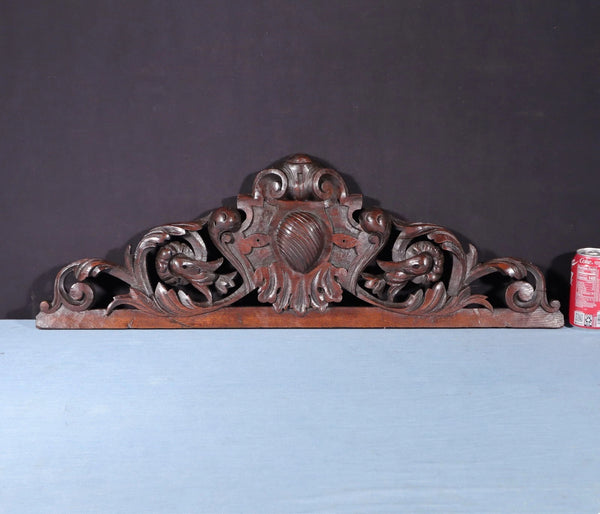32" Wide Antique French Solid Oak Wood Highly Carved Detailed Crest