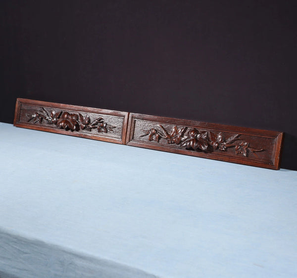 Pair of Antique Black Forest Carved Drawer Panels/Trim in Solid Oak Wood