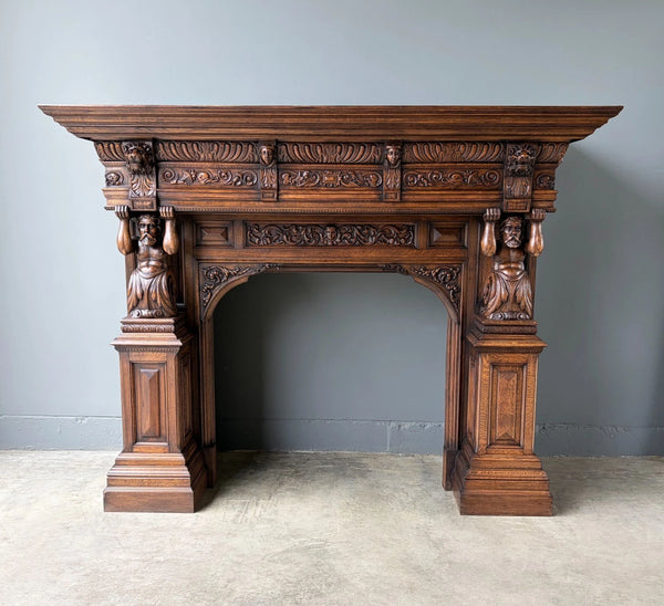 XL Vintage Renaissance Revival Oak Fireplace Surround/Mantel w/Carved Figures
