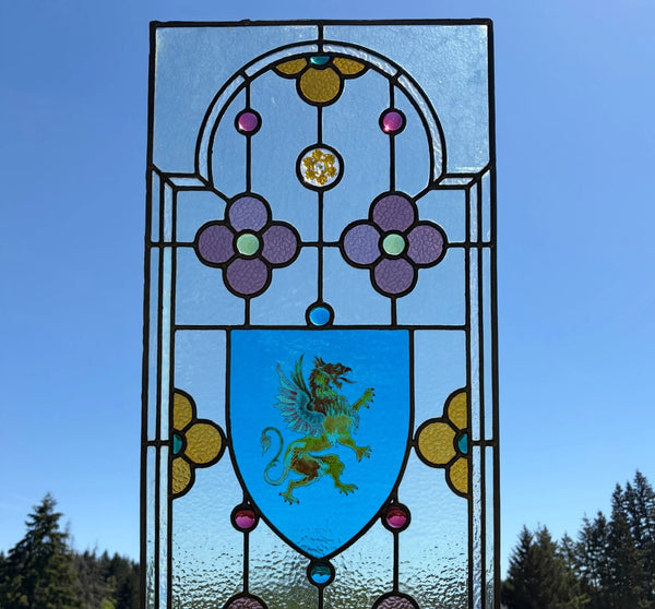 38" Tall Antique French Stained/Leaded Glass Panel w/Griffin and Uranium Glass