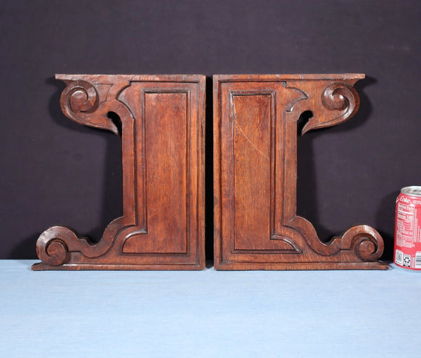 Pair of 11" Tall French Antique Carved Solid Oak Wood Brackets Trim Pieces