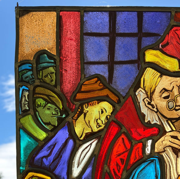 15" Tall Vintage Belgian Stained/Leaded Glass Panel Of a Doctor Operating