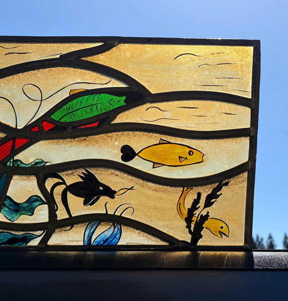 Vintage Dutch Stained/Leaded Glass Panel by Lea Steppe Sea Life Themed