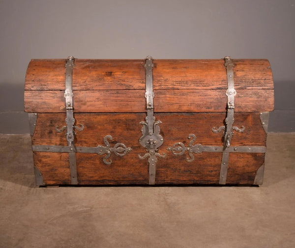 Large Antique French Chest/Trunk in Solid Pine Wood With Iron Straps 1800's